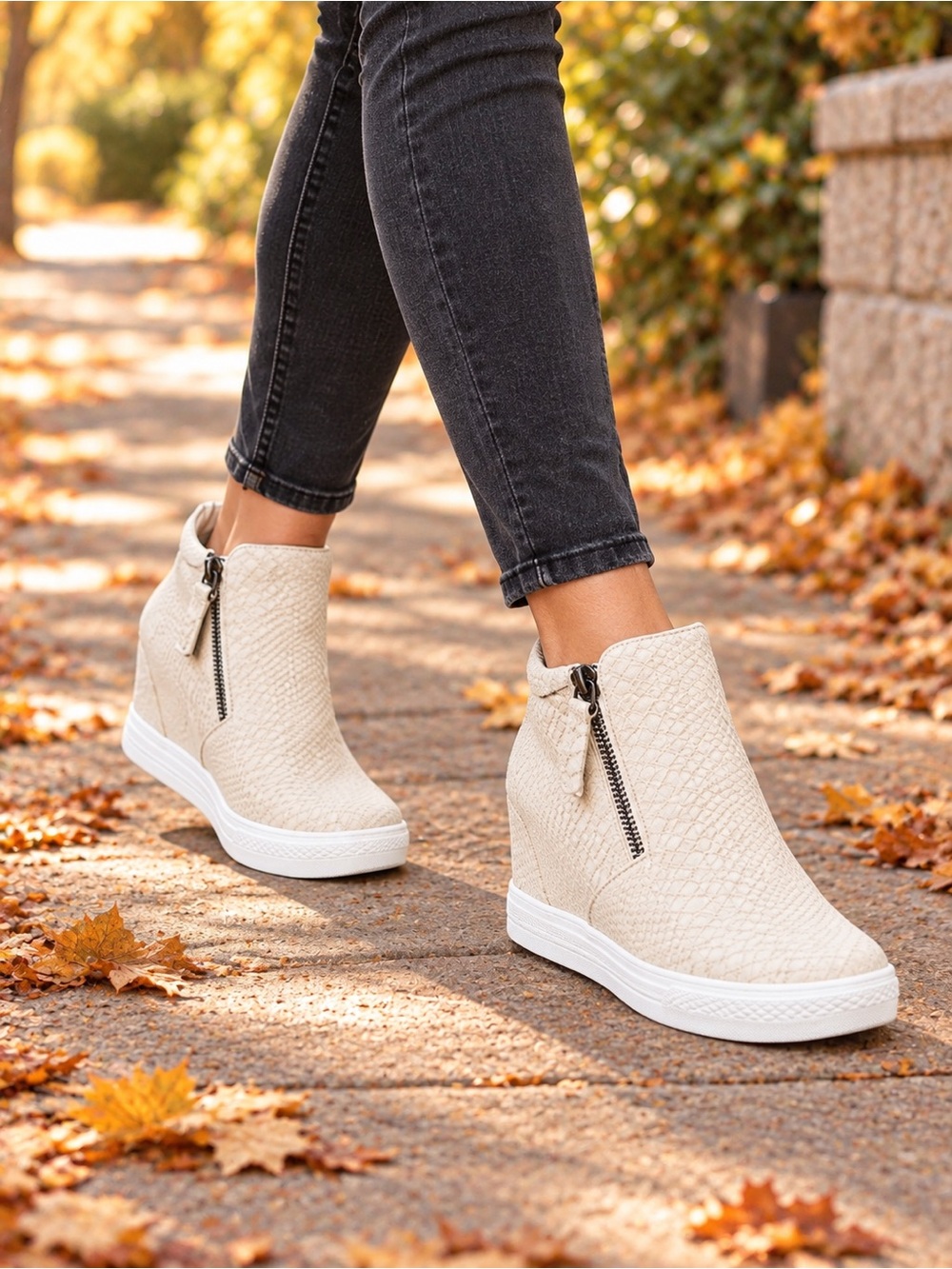 Not Rated Cream Wedge Ankle Boots - Women's Zip Detail